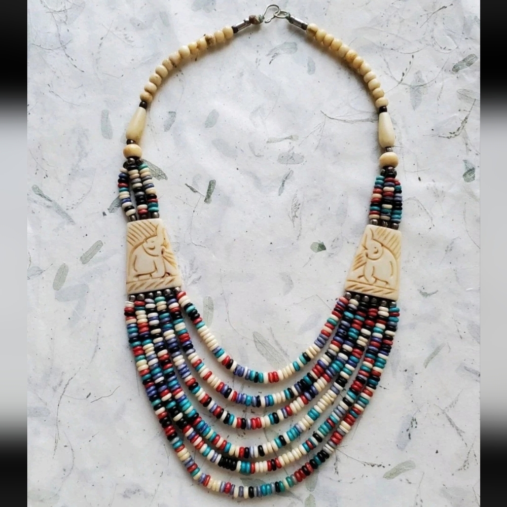 Vintage Nepalese Carved Elephant Beaded Bovine (?) Bone Necklace
